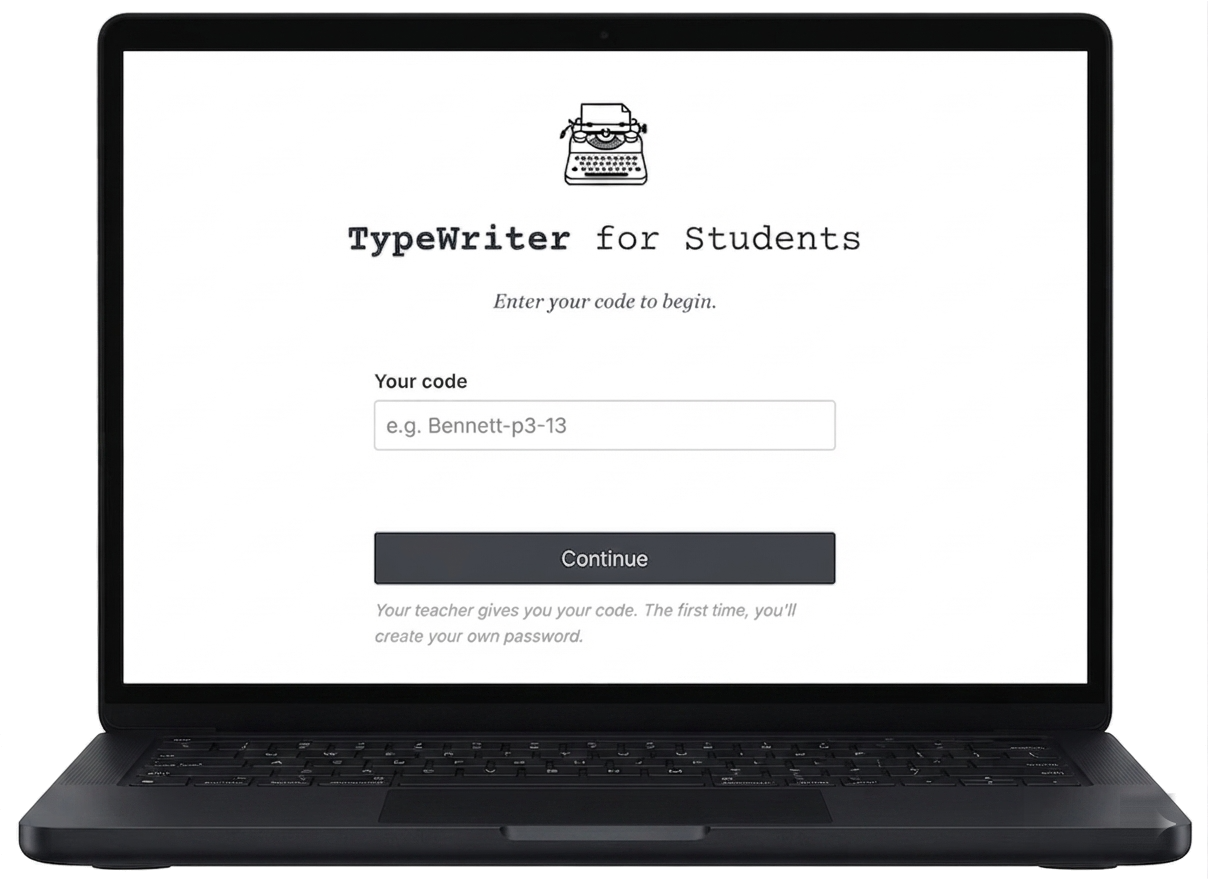 A laptop showing only the TypeWriter student sign-in screen — no browser tabs or address bar.